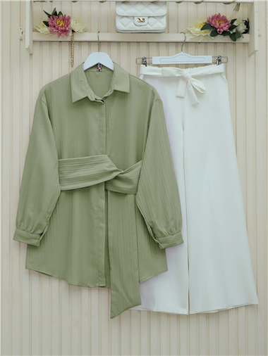 Belden Bağlamalı Fitlli Krinkıl Gömlek  -Su Yeşili