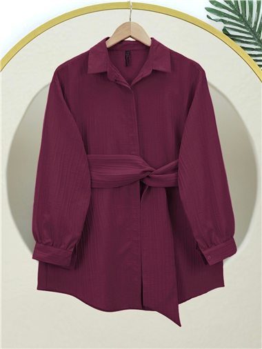 Belden Bağlamalı Fitlli Krinkıl Gömlek  -Bordo