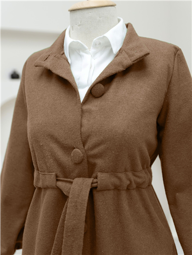 Belden Bağlamalı Top Düğmeli Kaşe Kaban   -Tarçın