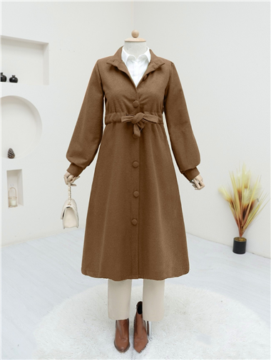 Belden Bağlamalı Top Düğmeli Kaşe Kaban   -Tarçın