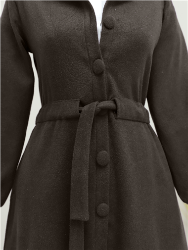 Belden Bağlamalı Top Düğmeli Kaşe Kaban   -K. Kahve