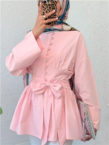 Beli Bağcıklı Boydan Taş Düğmeli Tunik -Pembe