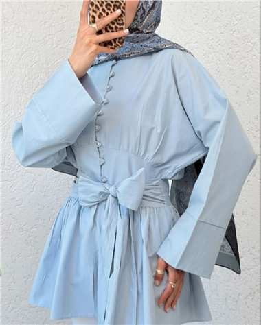 Beli Bağcıklı Boydan Taş Düğmeli Tunik -Bebe Mavi