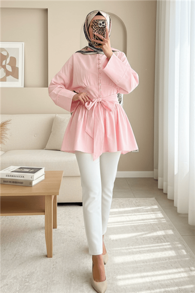 Beli Bağcıklı Boydan Taş Düğmeli Tunik -Pembe