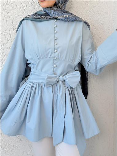 Beli Bağcıklı Boydan Taş Düğmeli Tunik -Bebe Mavi