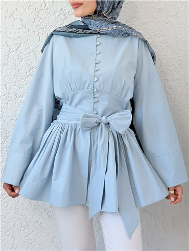 Beli Bağcıklı Boydan Taş Düğmeli Tunik -Bebe Mavi