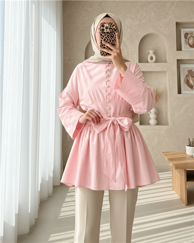 Beli Bağcıklı Boydan Taş Düğmeli Tunik -Pembe