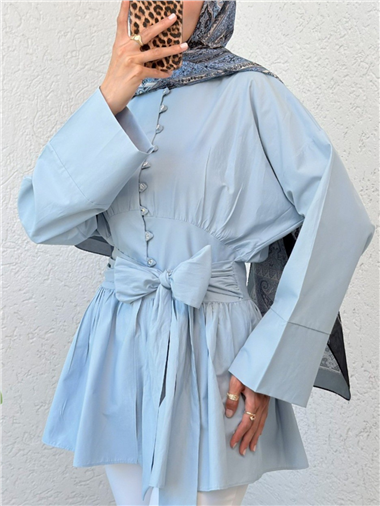 Beli Bağcıklı Boydan Taş Düğmeli Tunik -Bebe Mavi