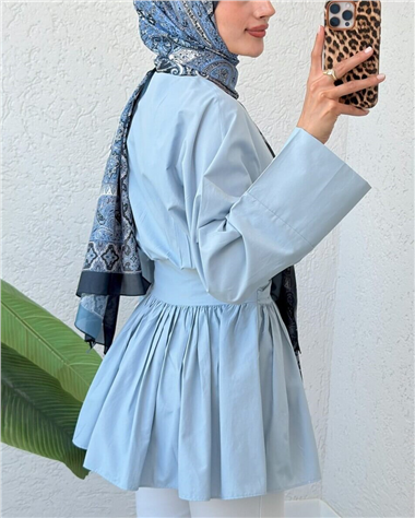 Beli Bağcıklı Boydan Taş Düğmeli Tunik -Bebe Mavi
