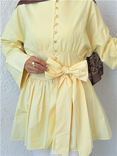 Beli Bağcıklı Boydan Taş Düğmeli Tunik -Açık Sarı