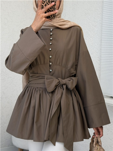 Beli Bağcıklı Boydan Taş Düğmeli Tunik -Açık Kahve