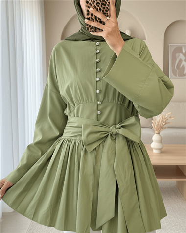 Beli Bağcıklı Boydan Taş Düğmeli Tunik -Çağla Y.