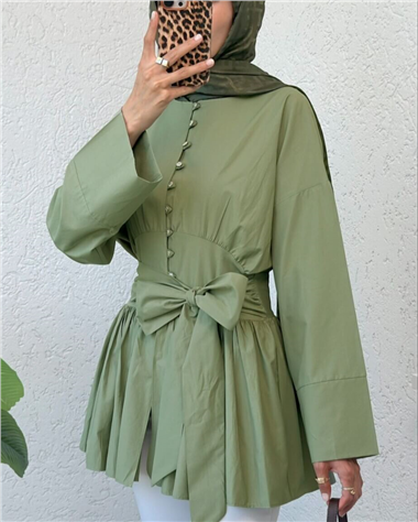 Beli Bağcıklı Boydan Taş Düğmeli Tunik -Çağla Y.