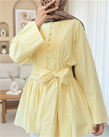Beli Bağcıklı Boydan Taş Düğmeli Tunik -Açık Sarı