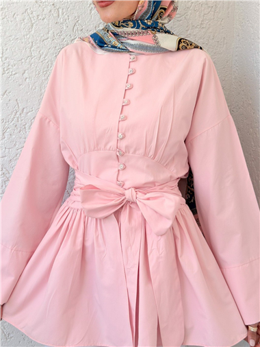 Beli Bağcıklı Boydan Taş Düğmeli Tunik -Pembe