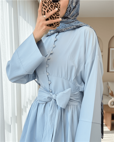 Beli Bağcıklı Boydan Taş Düğmeli Tunik -Bebe Mavi