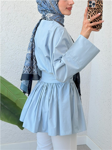 Beli Bağcıklı Boydan Taş Düğmeli Tunik -Bebe Mavi