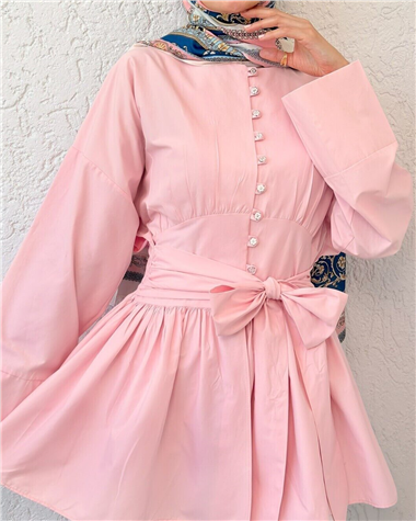 Beli Bağcıklı Boydan Taş Düğmeli Tunik -Pembe