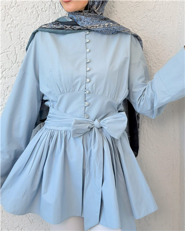 Beli Bağcıklı Boydan Taş Düğmeli Tunik -Bebe Mavi