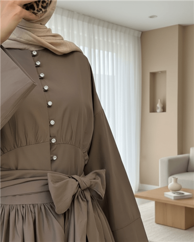 Beli Bağcıklı Boydan Taş Düğmeli Tunik -Açık Kahve