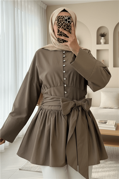 Beli Bağcıklı Boydan Taş Düğmeli Tunik -Açık Kahve