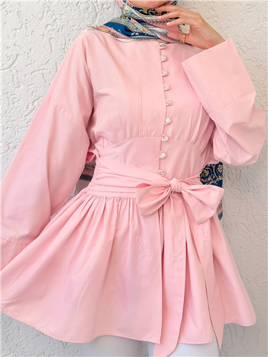 Beli Bağcıklı Boydan Taş Düğmeli Tunik -Pembe