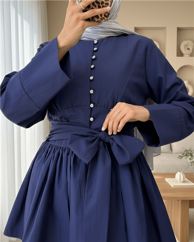 Beli Bağcıklı Boydan Taş Düğmeli Tunik -Laci