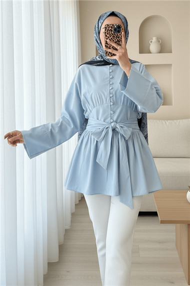 Beli Bağcıklı Boydan Taş Düğmeli Tunik -Bebe Mavi