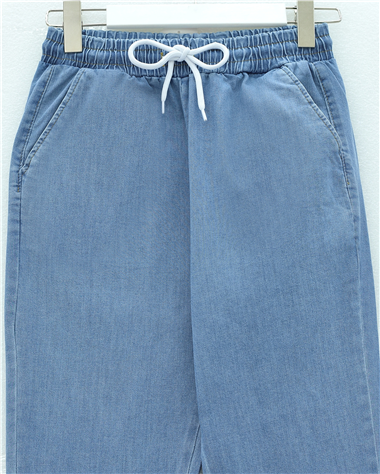 Beli Bağcıklı Cepli İspanyol Paça Kot Pantolon -Mavi