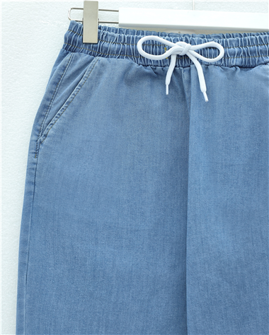 Beli Bağcıklı Cepli İspanyol Paça Kot Pantolon -Mavi