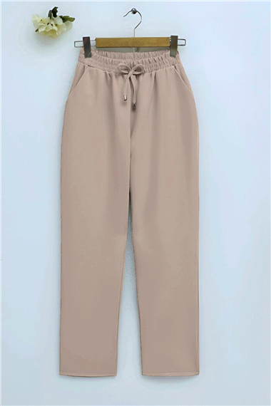 Beli Bağcıklı Dar Paça Pantolon -Bej