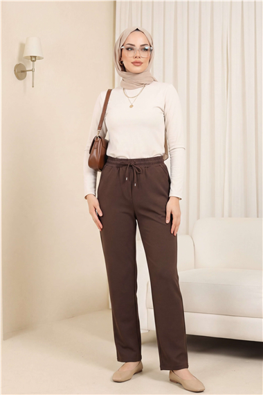 Beli Bağcıklı Dar Paça Pantolon    -Kahve