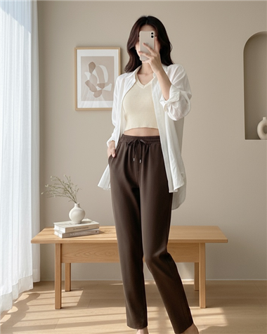 Beli Bağcıklı Dar Paça Pantolon    -Kahve