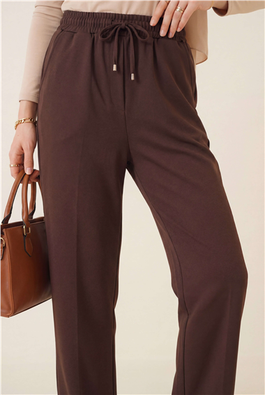 Beli Bağcıklı Dar Paça Pantolon    -Kahve