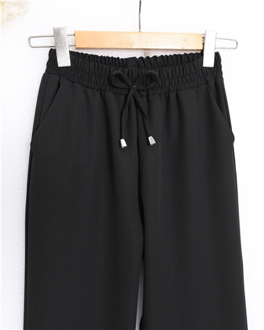 Beli Bağcıklı Dar Paça Pantolon -Siyah