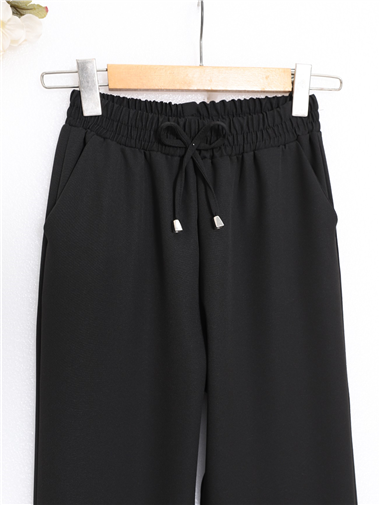 Beli Bağcıklı Dar Paça Pantolon -Siyah