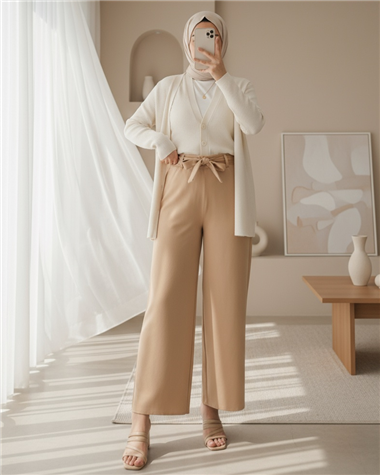 Beli Bağcıklı Double Bol Paça Pantolon -Taş