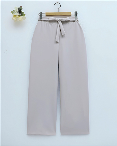 Beli Bağcıklı Double Bol Paça Pantolon -Bej