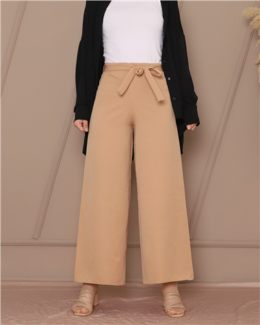 Beli Bağcıklı Double Bol Paça Pantolon -Taş