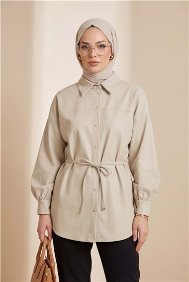 Beli Bağcıklı Düğmeli Oversize Modal Tunik -Bej