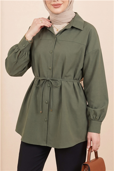 Beli Bağcıklı Düğmeli Oversize Modal Tunik -Haki