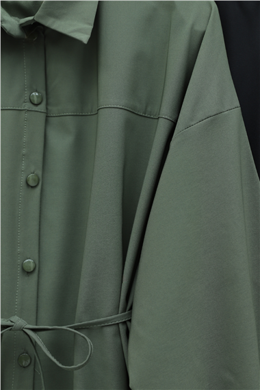 Beli Bağcıklı Düğmeli Oversize Modal Tunik -Haki