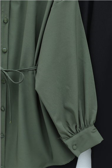Beli Bağcıklı Düğmeli Oversize Modal Tunik -Haki