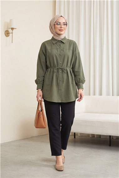 Beli Bağcıklı Düğmeli Oversize Modal Tunik -Haki