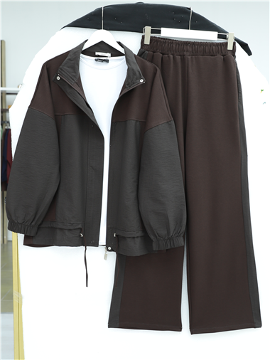 Beli Bağcıklı Kolu Lastikli Önü Fermuarlı Paraşüt Detaylı Penye Takım -K. Kahve