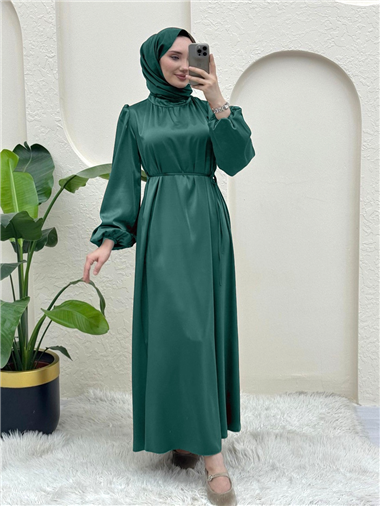 Beli Bağcıklı Kolu Lastikli Saten Abiye  -Mint