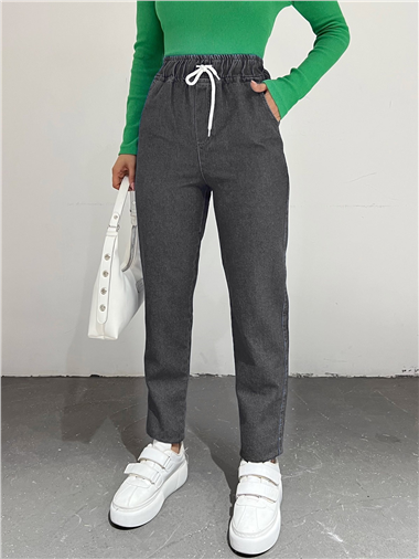 Beli Bağcıklı Kot Pantolon -Füme