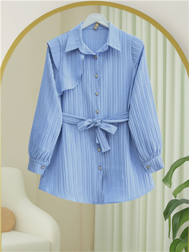 Beli Bağcıklı Omuz Detaylı Fitilli Krinkıl Tunik -Bebe Mavi
