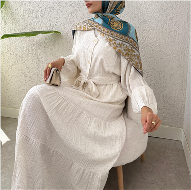 Beli Bağcıklı Yarasa Kol Düğmeli Bluz Etek Keten Takım -Bej