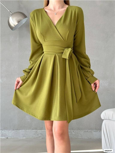 Beli Bağıcıklı Kruvaze Yaka Elbise -Yağ Yeşili